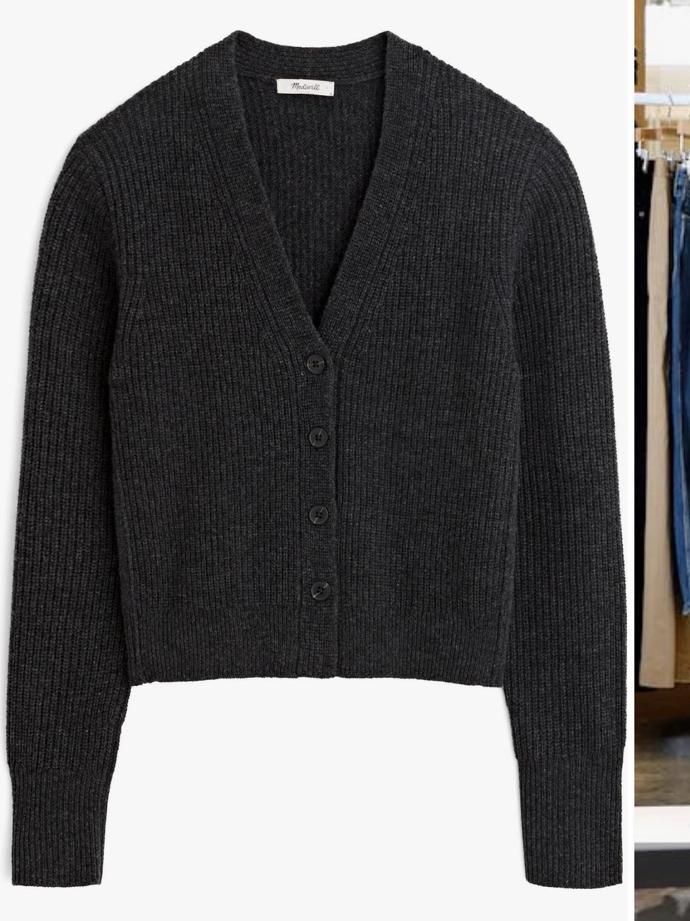 Madewell Wool Cashmere Cropped Taupe Ribbed V-Neck Button Cardigan - Picture 6 of 6